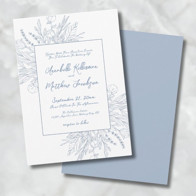 Convite Casamento Elegante Botânico Romântico Dusty Blue (Dusty Blue Romantic Botanical Elegant Wedding Invitation)
