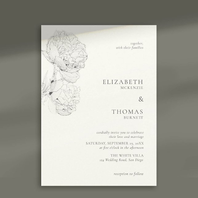 Convite Casamento Elegante Branca de Tinta Branca de Peoni (peony wedding invitation large blooms ink sketch pearl white formal elegant modern classic)