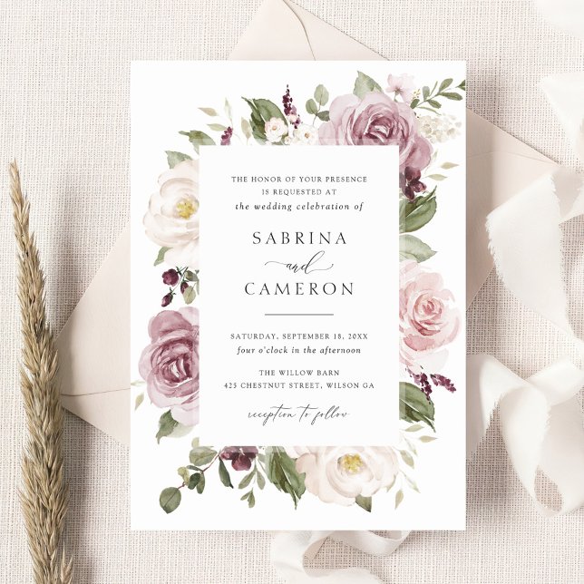 Convite Casamento Elegante Branco-Branco-Verde-Mauve Blush (Criador carregado)