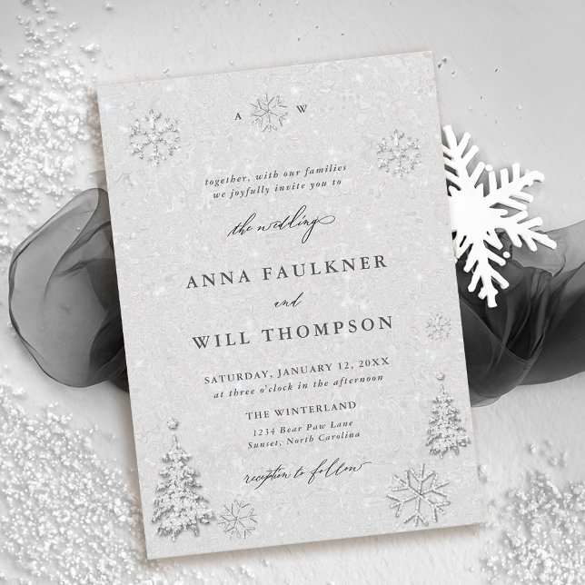 Convite Casamento Elegante Branco dos Flocos de Neve da Wo (winter wedding invitations snowflake theme white falling snow forest mountain rustic elegant)