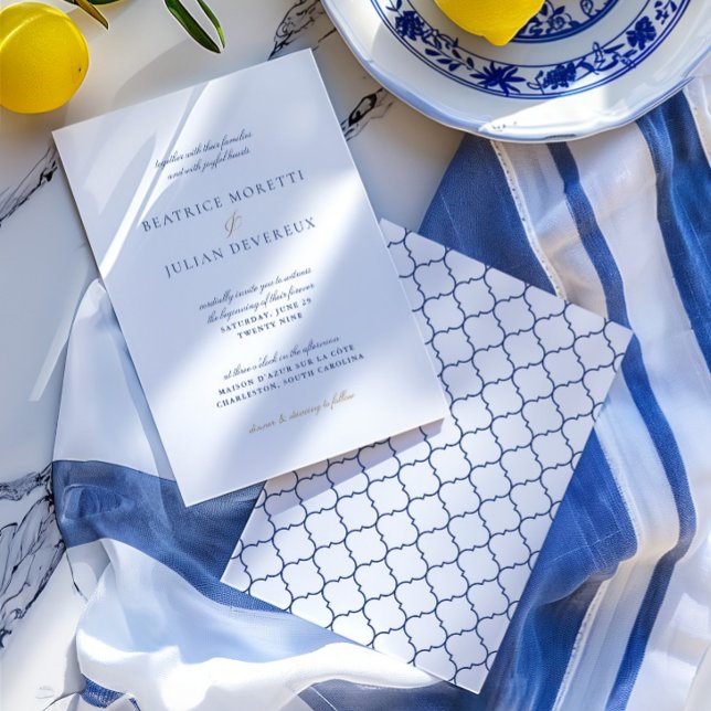 Convite Casamento Elegante Branco e Azul Mediterrâneo (Elegant White & Blue Mediterranean Wedding Invitation)