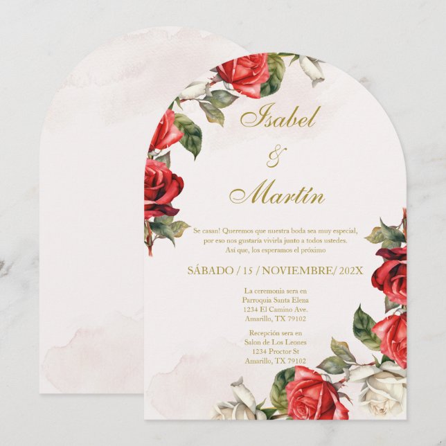 Convite Casamento Elegante Branco e Rosa vermelha Espanhol (Frente/Verso)