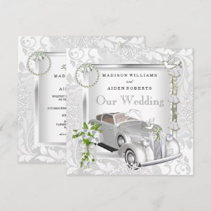Convite Casamento Elegante Branco Ouro Antigo Carro Damask
