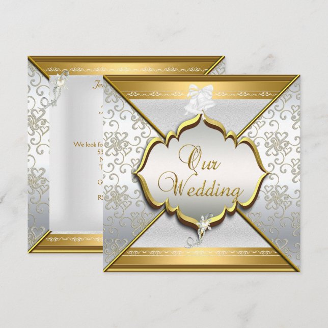 Convite Casamento Elegante Branco Prata Dourado (Frente/Verso)
