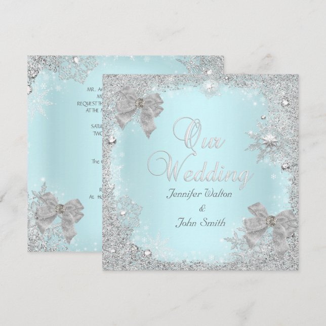 Convite Casamento Elegante Brilho Azul Turquesa Prata Arco (Frente/Verso)