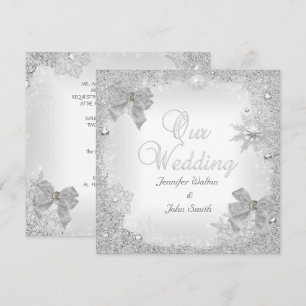 Convite Casamento Elegante Brilho Prata Laço Branco