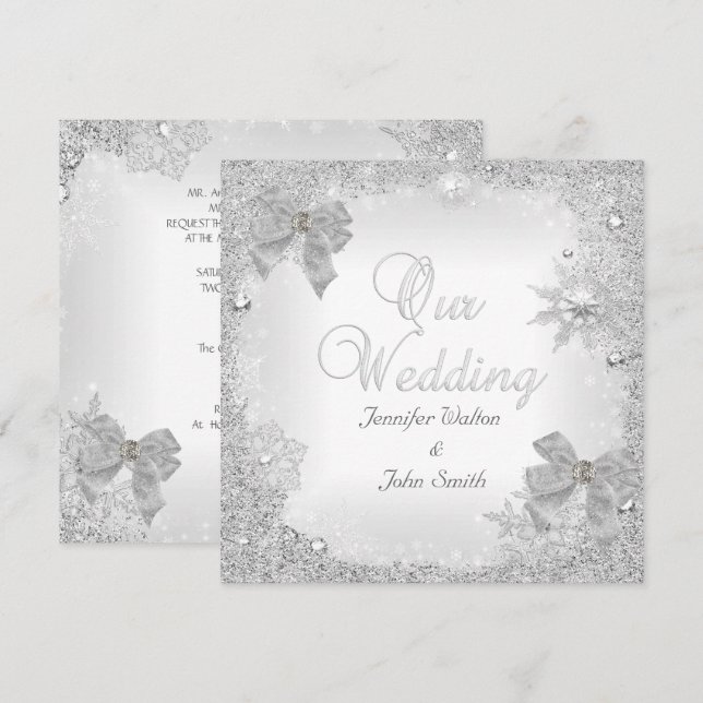 Convite Casamento Elegante Brilho Prata Laço Branco (Frente/Verso)