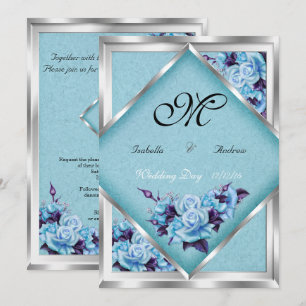 Convite Casamento Elegante Buquê de Rosas Roxas Azul Turqu