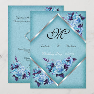 Convite Casamento Elegante Buquê de Rosas Roxas Turquesa P
