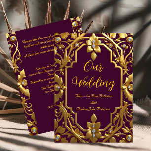 Convite Casamento Elegante Burgundy Dourado Moldura Orname