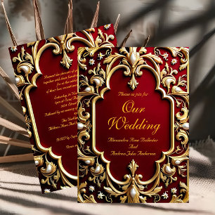 Convite Casamento Elegante Burgundy Dourado Ornate Pérolas