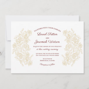 Convite Casamento Elegante Burgundy e Rosas Ouros