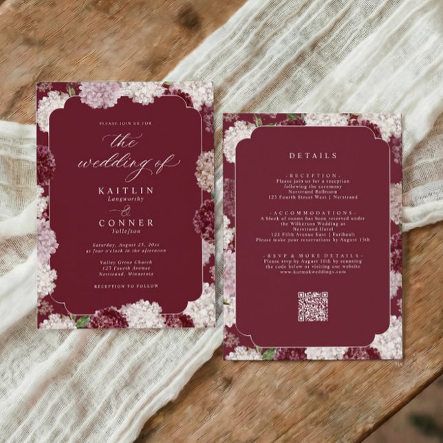 Convite Casamento Elegante Burgundy Hydrangea Outono Tudo  (Burgundy hydrangea all in one wedding invitation with vintage floral frame and script)