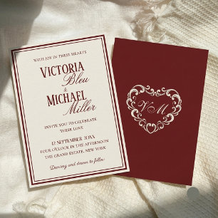 Convite Casamento Elegante Burgundy Marfim Chic Antigo