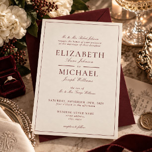 Convite Casamento Elegante Burgundy Marfim Roteiro Clássic