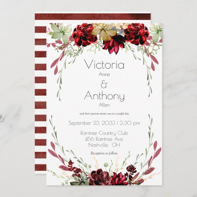 Convite Casamento Elegante Burgundy Marsala Succulents (Frente/Verso)