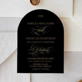 Convite Casamento Elegante Caligrafia Preta Dourada Monogr
