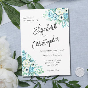Convite Casamento Elegante Caligrafia Script Floral Azul