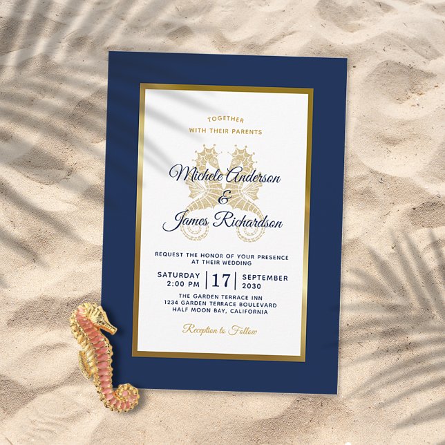 Convite Casamento Elegante Cavalos-Marinhos Azul Navy Dour (Criador carregado)