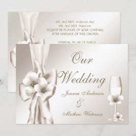 Convite Casamento Elegante Champanhe Floral Creme Laço
