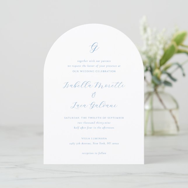 Convite Casamento Elegante Chic de Azul e Branco à Beira-M (Em pé/Frente)