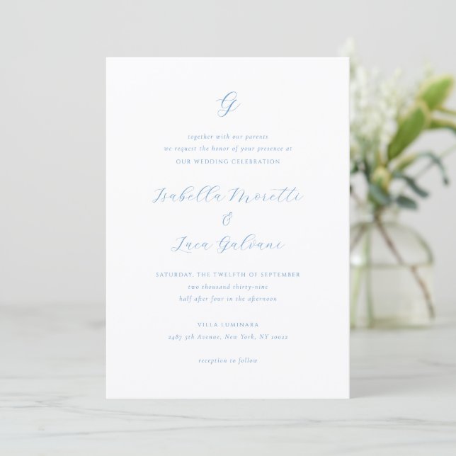 Convite Casamento Elegante Chic de Costa Azul e Branco (Em pé/Frente)