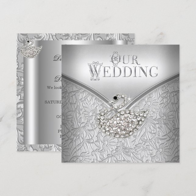 Convite Casamento Elegante Cisne Branco Damasco Prata (Frente/Verso)