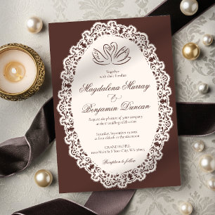 Convite Casamento Elegante Cisne Marrom Marfim Vintage