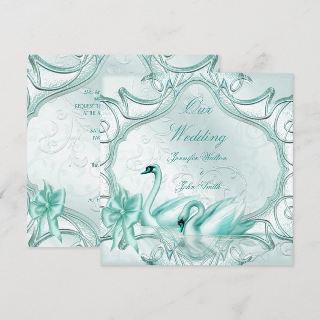 Convite Casamento Elegante Cisnes Azul Turquesa Arco (Frente/Verso)