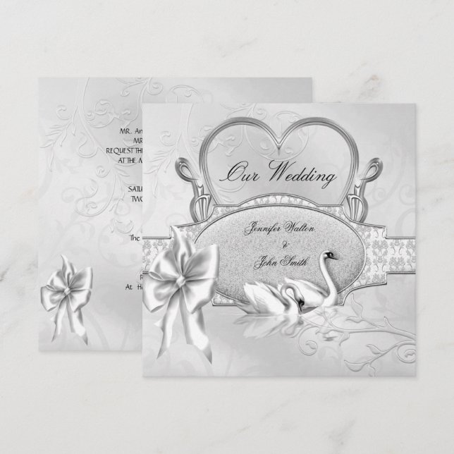 Convite Casamento Elegante Cisnes Prata e Branco Coração A (Frente/Verso)