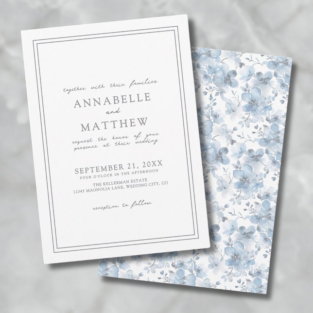 Convite Casamento Elegante Clássico Botânico Dusty Blue (Dusty Blue Botanical Classic Elegant Wedding Invitation)