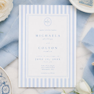 Convite Casamento Elegante Clássico com Listra Azul e Mono