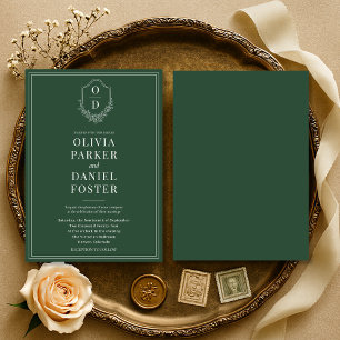 Convite Casamento Elegante Clássico Crest Emerald Green