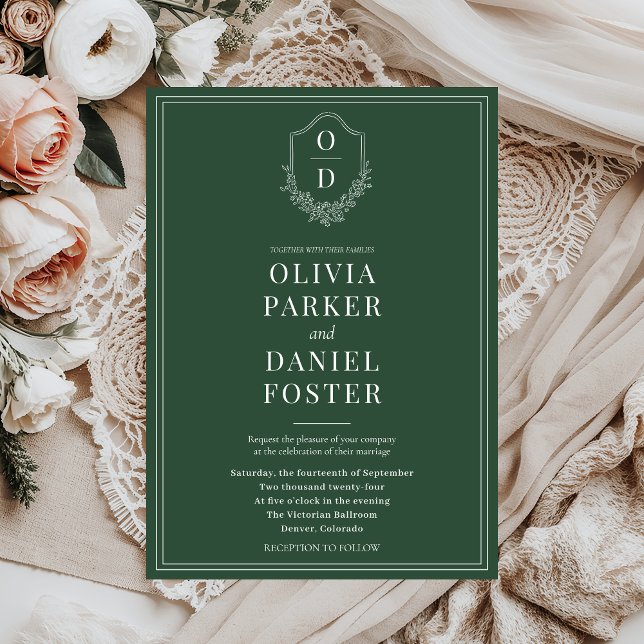 Convite Casamento Elegante Clássico Crest Emerald Green (Criador carregado)