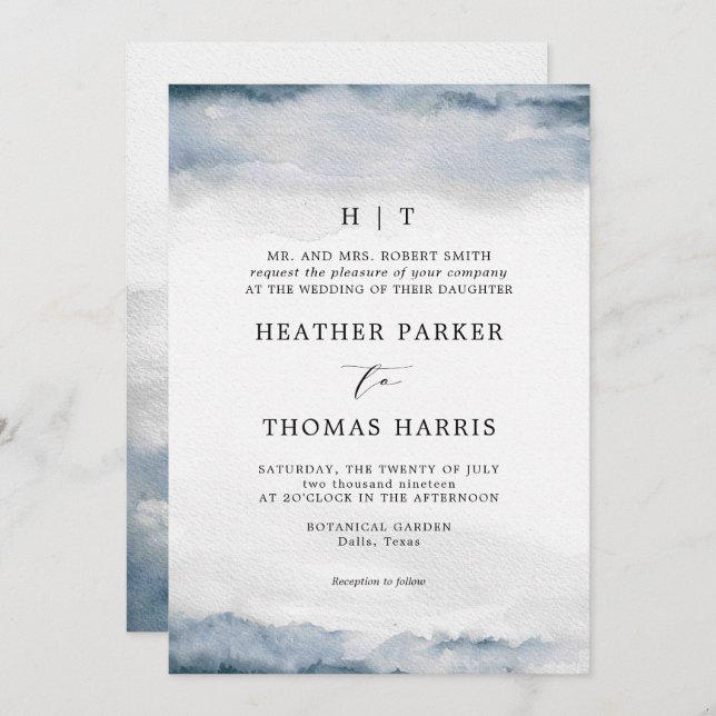 Convite Casamento Elegante Clássico de Cor Azul-Moluca (Frente/Verso)