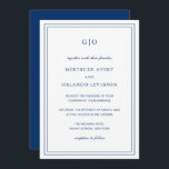 Convite Casamento Elegante Clássico de Gertrude Marinho Az<br><div class="desc">Marinho no estilo clássico convite de casamento azul apresentando um design simples e mínimo com seu monograma no topo e seus detalhes de evento cercados por uma dupla borda. As fontes se alternam entre um script elegante, um serif tradicional e fontes sans serif minimalistas. Este convite é excelente para um...</div>