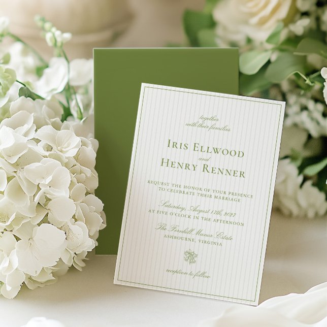 Convite Casamento Elegante Clássico de Sage & Beige Stripe (Elegant Classic Sage & Beige Striped Wedding Invitation)