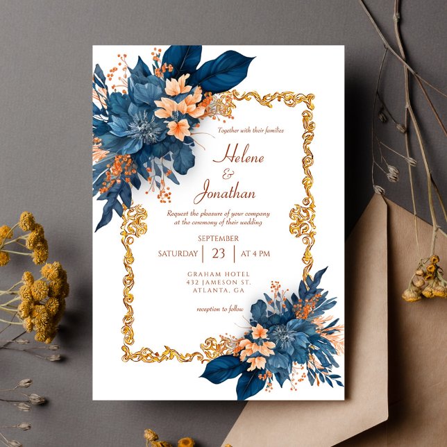 Convite Casamento Elegante Clássico de Terracotta marinho  (Navy Blue Terracotta Classic Elegant Wedding Invitation)