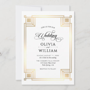 Convite Casamento Elegante Clássico Dourado Art Déco