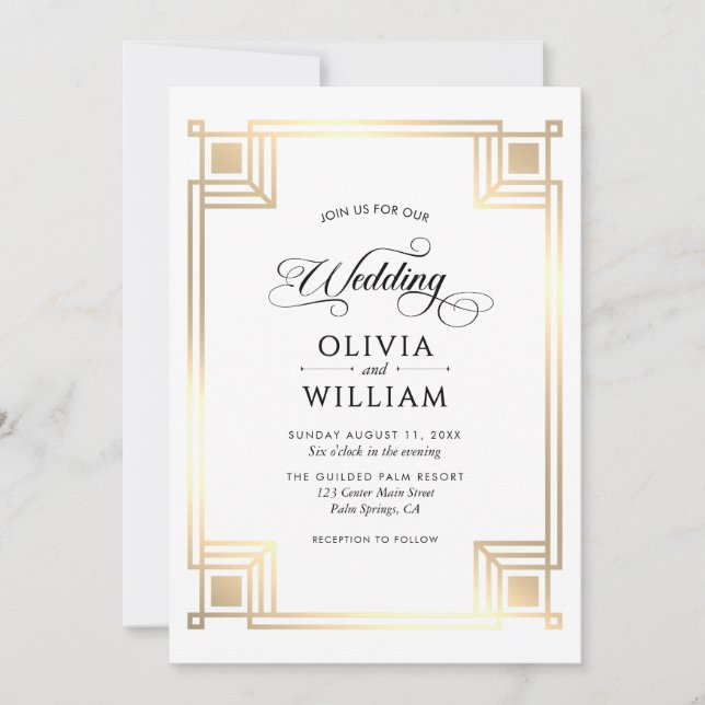 Convite Casamento Elegante Clássico Dourado Art Déco (Frente)