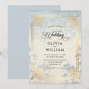 Convite Casamento Elegante Clássico em Azul Poeirento