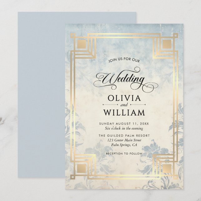Convite Casamento Elegante Clássico em Azul Poeirento (Frente/Verso)