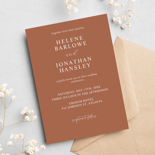 Convite Casamento Elegante Clássico Minimalista Terracotta (Terracotta Minimalist Classic Elegant Wedding Invitation)
