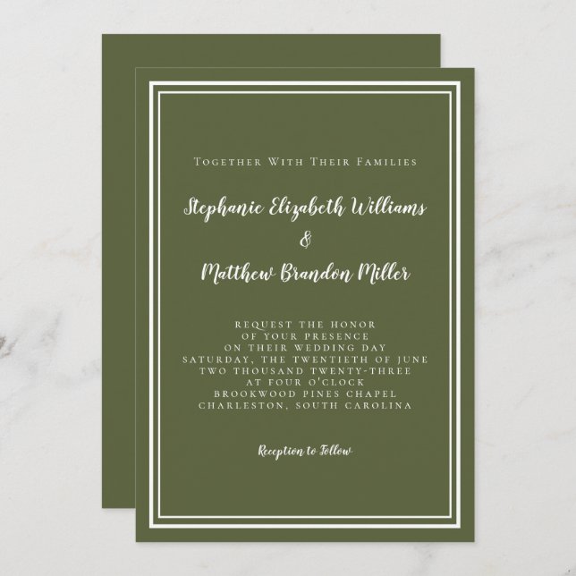 Convite Casamento Elegante Clássico Moderno e Simples Verd (Frente/Verso)