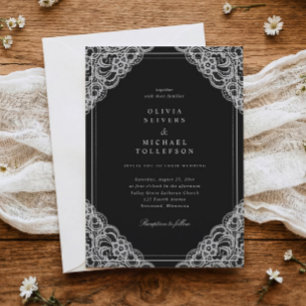 Convite Casamento Elegante Clássico Preto e Branco com Ren