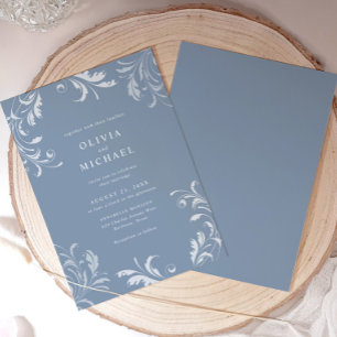 Convite Casamento Elegante Clássico Vintage Azul Poeirento