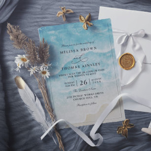 Convite Casamento Elegante Código QR Aquarela na Praia