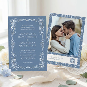 Convite Casamento Elegante Código QR Foto Azul Empoeirado