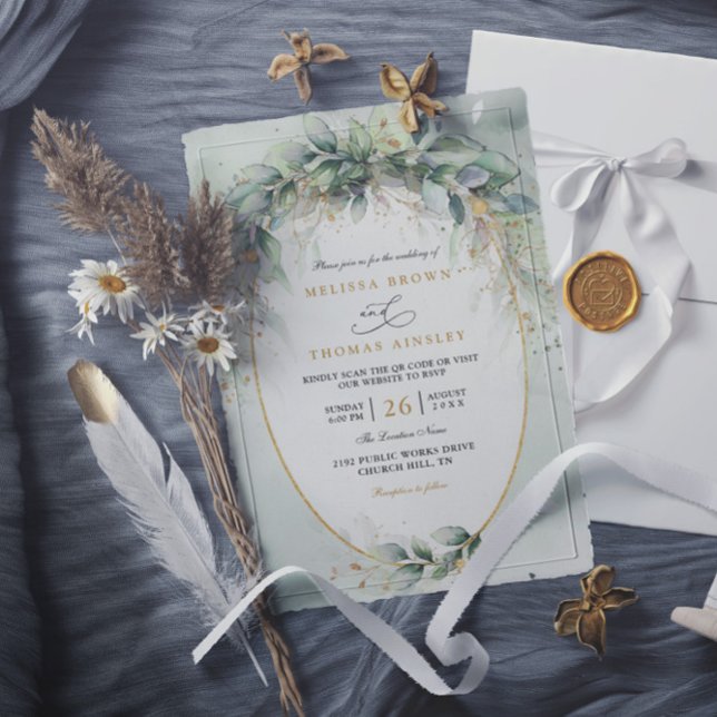 Convite Casamento elegante código qr greenery aquarela chi (Criador carregado)