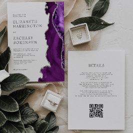 Convite Casamento Elegante Código QR Prata com Ágata Roxa